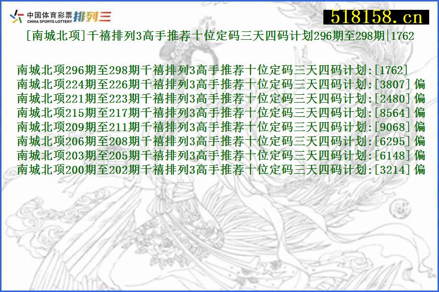 [南城北项]千禧排列3高手推荐十位定码三天四码计划296期至298期|1762