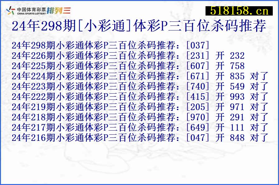 24年298期[小彩通]体彩P三百位杀码推荐