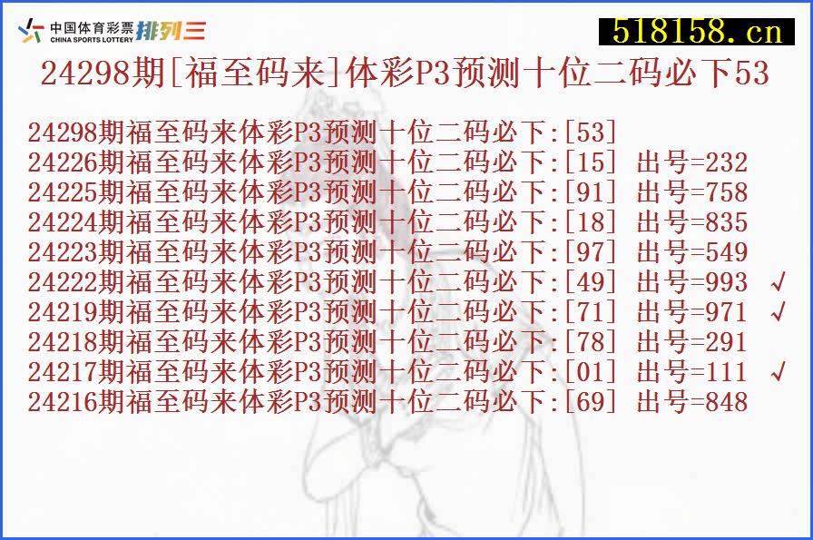 24298期[福至码来]体彩P3预测十位二码必下53