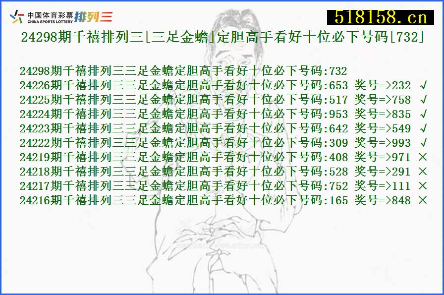 24298期千禧排列三[三足金蟾]定胆高手看好十位必下号码[732]