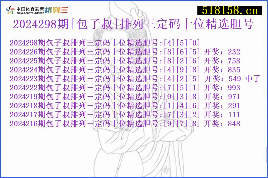 2024298期[包子叔]排列三定码十位精选胆号