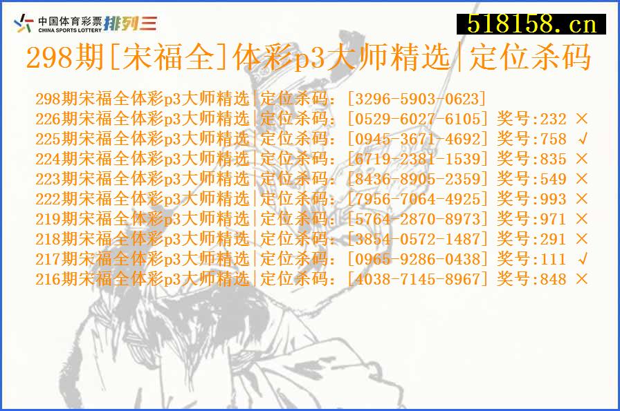 298期[宋福全]体彩p3大师精选|定位杀码