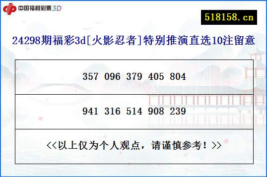 24298期福彩3d[火影忍者]特别推演直选10注留意