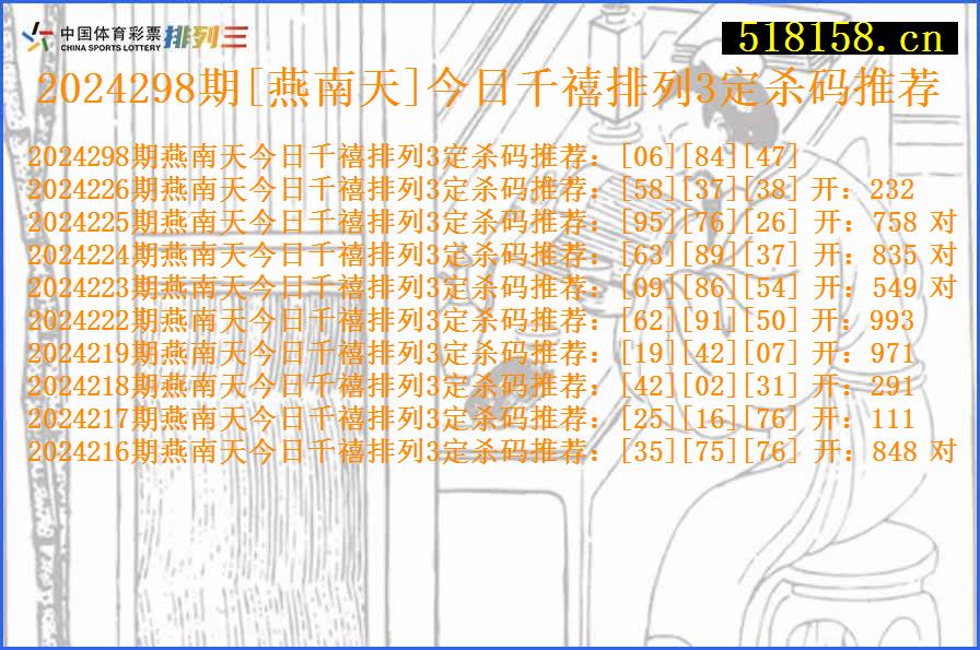 2024298期[燕南天]今日千禧排列3定杀码推荐