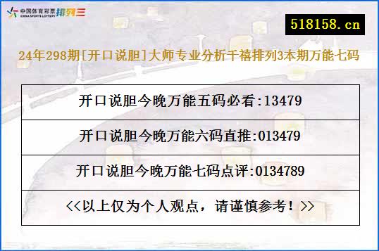 24年298期[开口说胆]大师专业分析千禧排列3本期万能七码