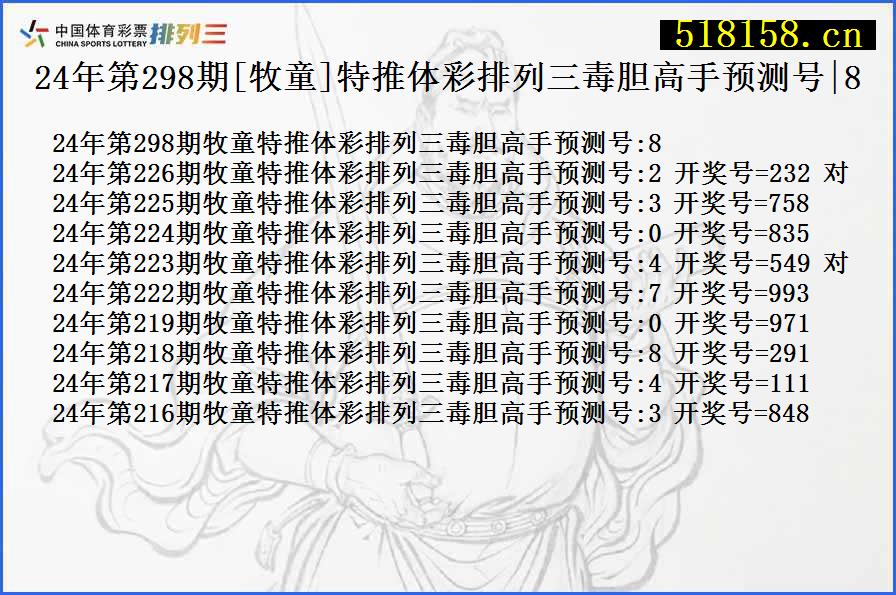 24年第298期[牧童]特推体彩排列三毒胆高手预测号|8