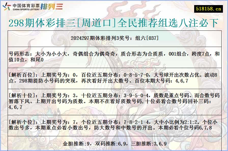 298期体彩排三[周道口]全民推荐组选八注必下