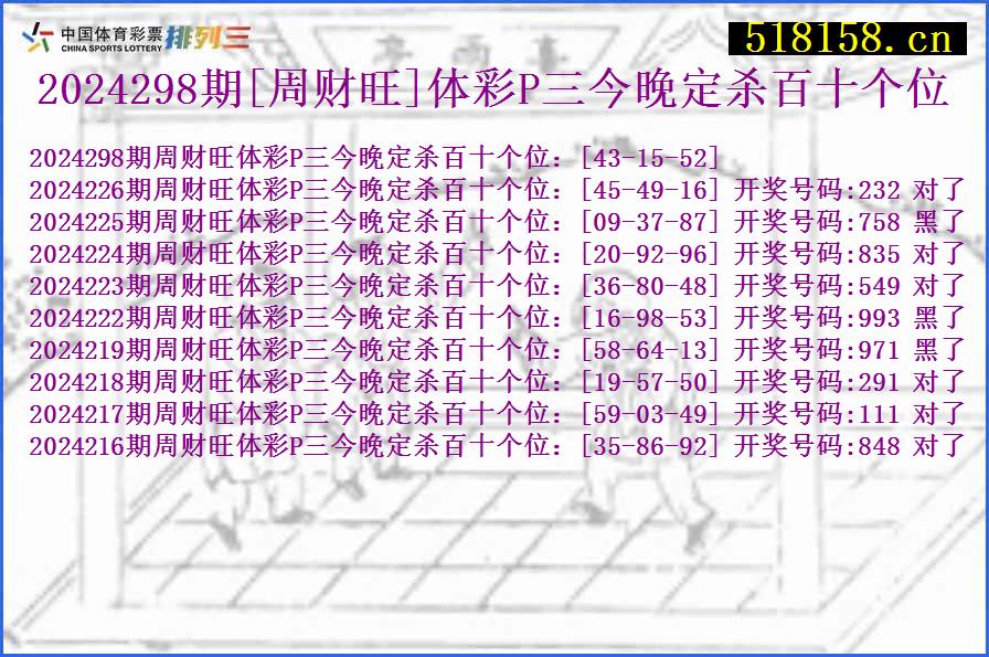 2024298期[周财旺]体彩P三今晚定杀百十个位