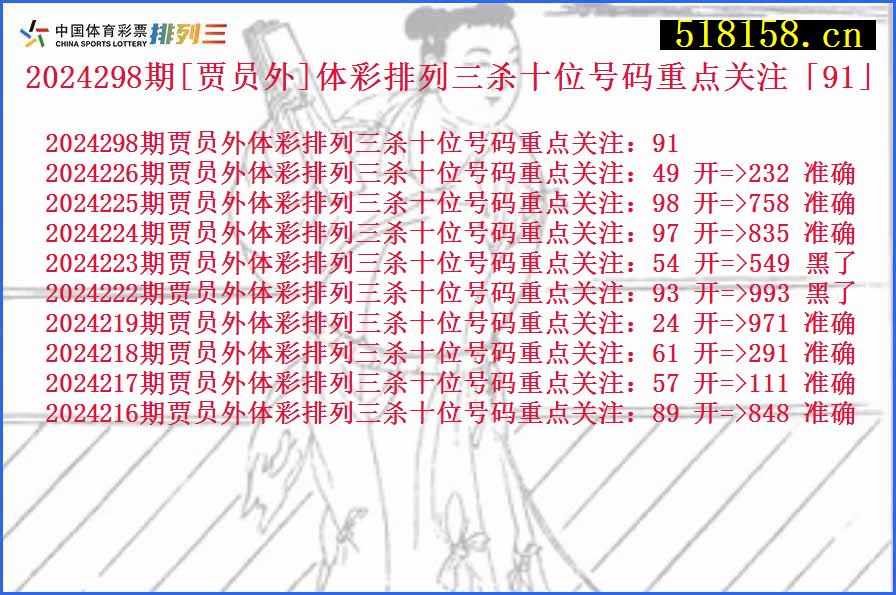 2024298期[贾员外]体彩排列三杀十位号码重点关注「91」