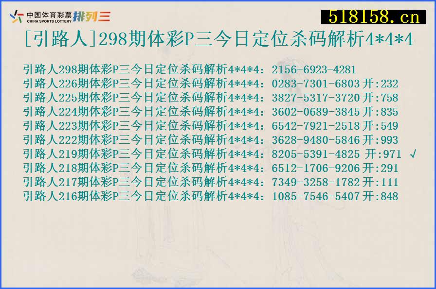 [引路人]298期体彩P三今日定位杀码解析4*4*4