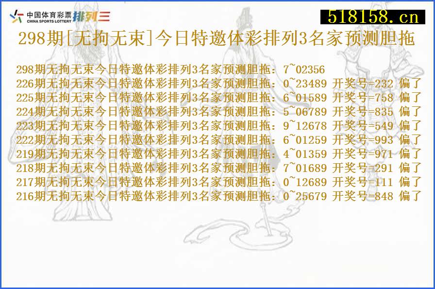 298期[无拘无束]今日特邀体彩排列3名家预测胆拖