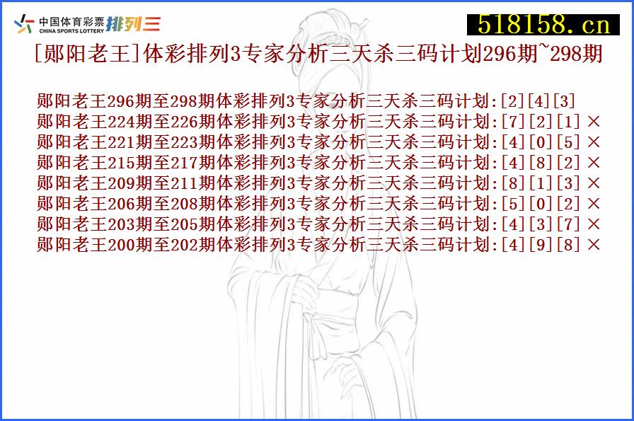 [郧阳老王]体彩排列3专家分析三天杀三码计划296期~298期