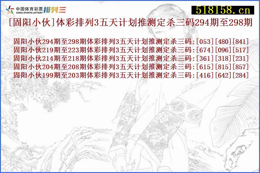 [固阳小伙]体彩排列3五天计划推测定杀三码294期至298期