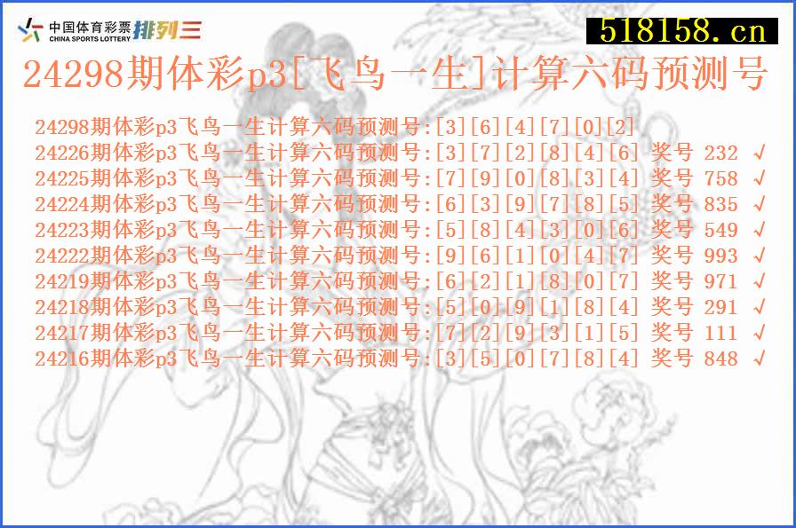 24298期体彩p3[飞鸟一生]计算六码预测号