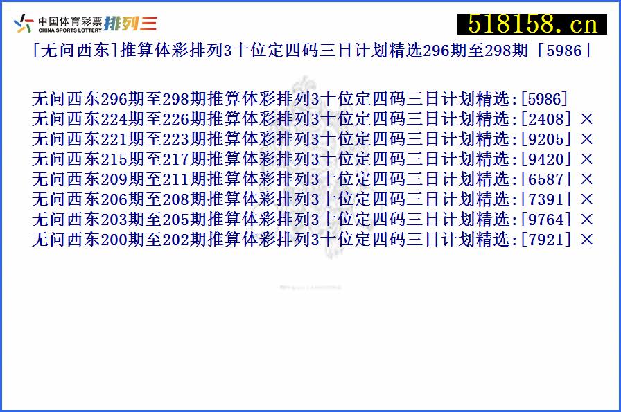 [无问西东]推算体彩排列3十位定四码三日计划精选296期至298期「5986」