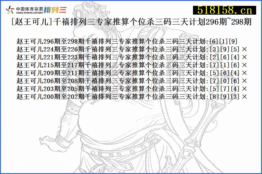 [赵王可儿]千禧排列三专家推算个位杀三码三天计划296期~298期