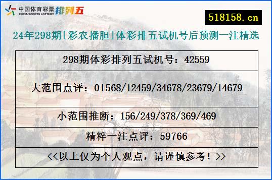 24年298期[彩农播胆]体彩排五试机号后预测一注精选