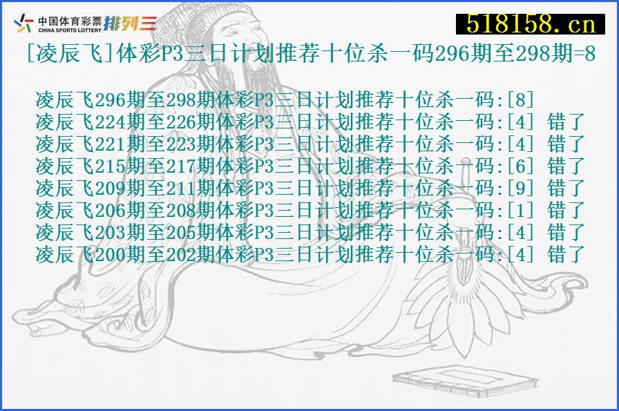 [凌辰飞]体彩P3三日计划推荐十位杀一码296期至298期=8