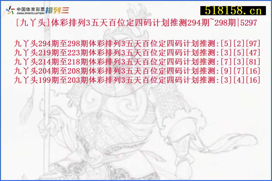 [九丫头]体彩排列3五天百位定四码计划推测294期~298期|5297