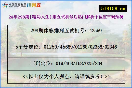 24年298期[精彩人生]排五试机号后热门解析个位定三码预测