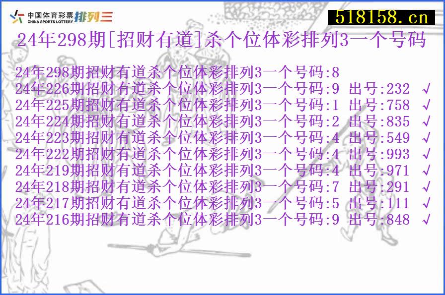 24年298期[招财有道]杀个位体彩排列3一个号码