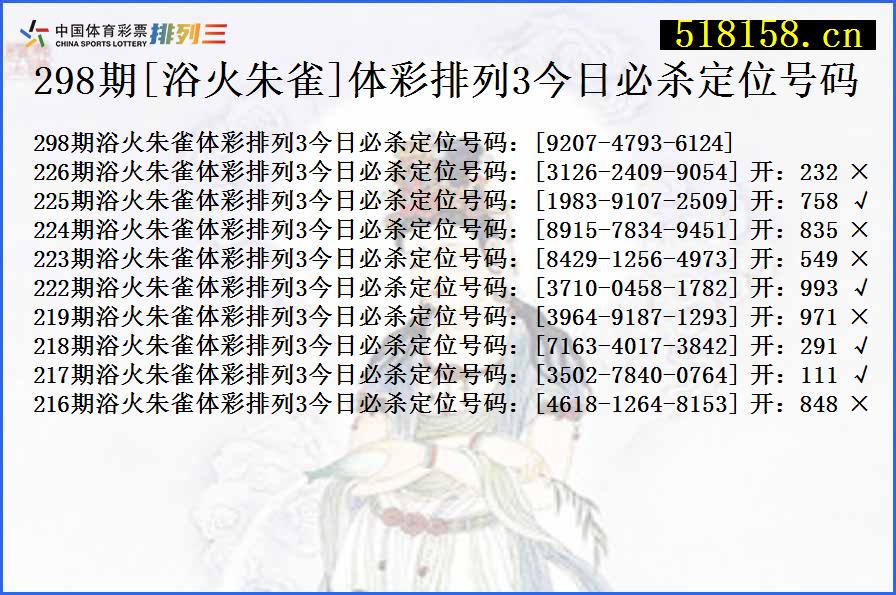 298期[浴火朱雀]体彩排列3今日必杀定位号码