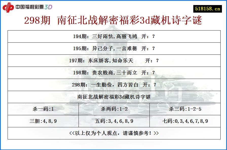 298期 南征北战解密福彩3d藏机诗字谜