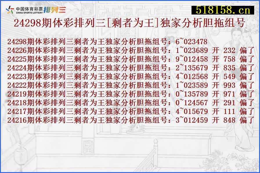 24298期体彩排列三[剩者为王]独家分析胆拖组号
