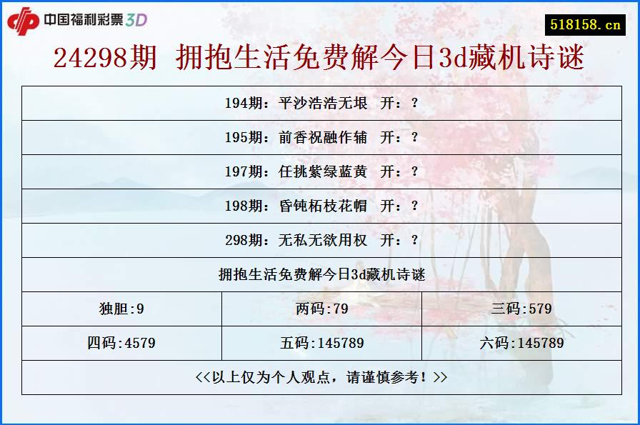 24298期 拥抱生活免费解今日3d藏机诗谜