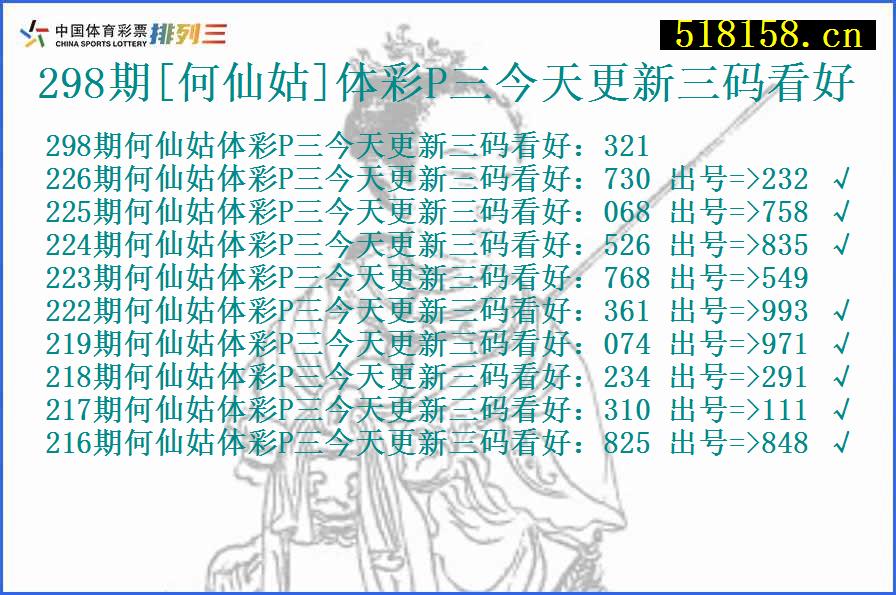 298期[何仙姑]体彩P三今天更新三码看好