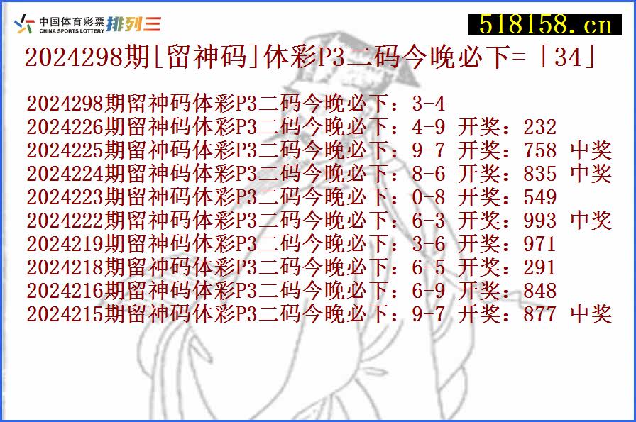 2024298期[留神码]体彩P3二码今晚必下=「34」