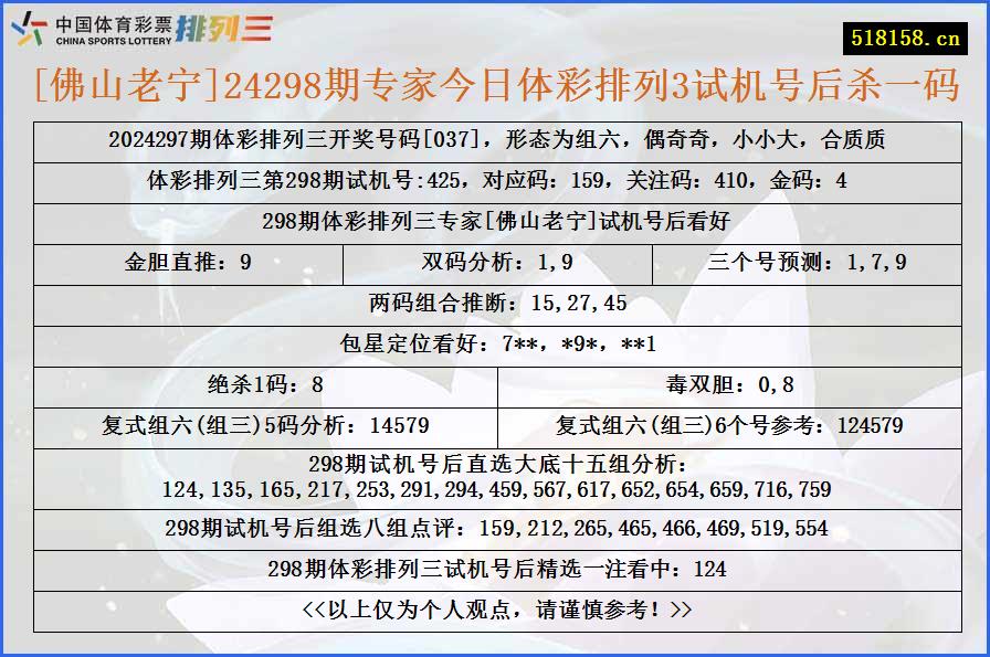 [佛山老宁]24298期专家今日体彩排列3试机号后杀一码