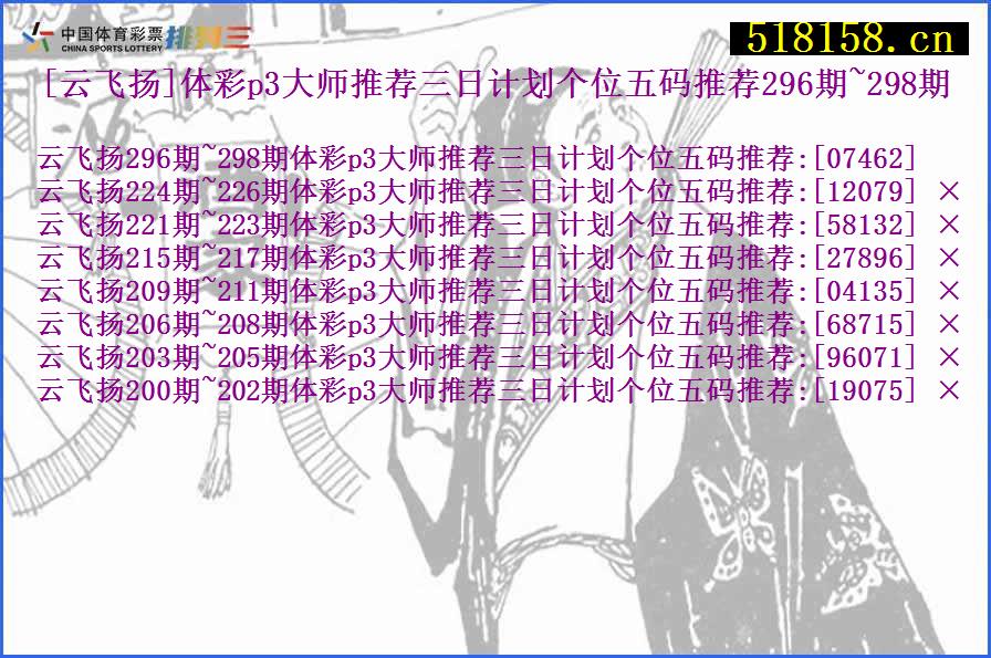 [云飞扬]体彩p3大师推荐三日计划个位五码推荐296期~298期