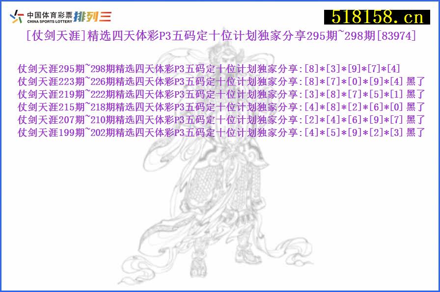 [仗剑天涯]精选四天体彩P3五码定十位计划独家分享295期~298期[83974]