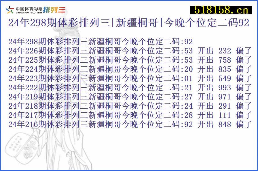 24年298期体彩排列三[新疆桐哥]今晚个位定二码92