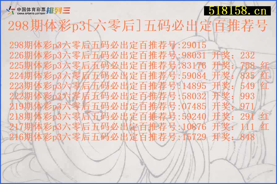 298期体彩p3[六零后]五码必出定百推荐号