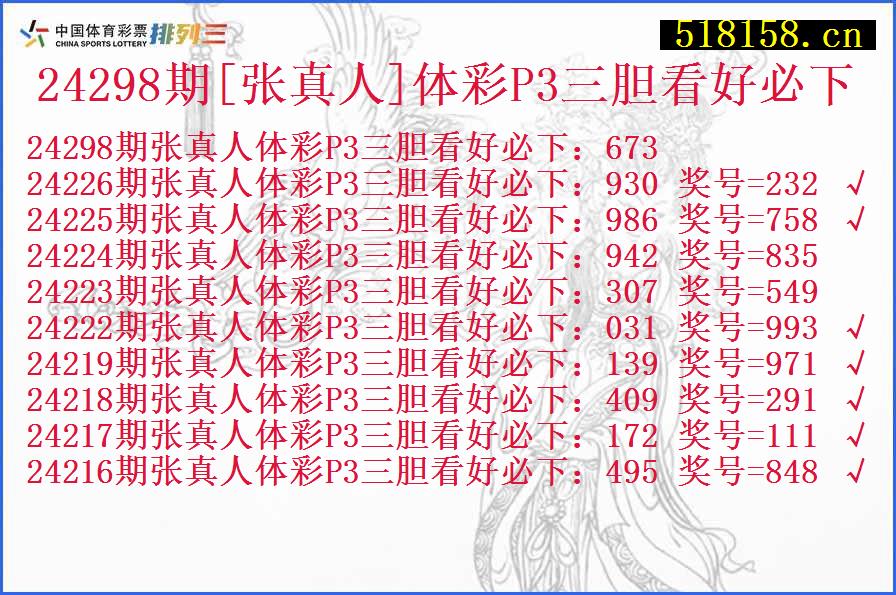 24298期[张真人]体彩P3三胆看好必下