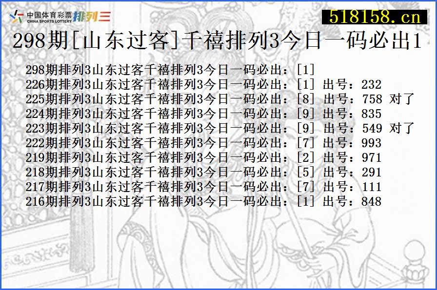 298期[山东过客]千禧排列3今日一码必出1