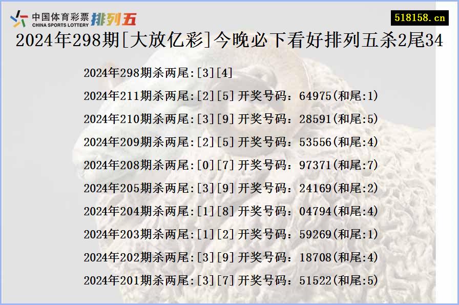 2024年298期[大放亿彩]今晚必下看好排列五杀2尾34