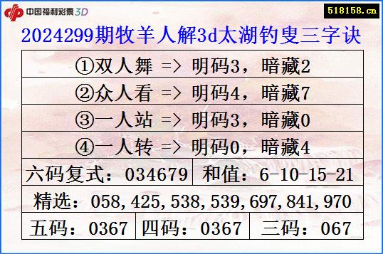 2024299期牧羊人解3d太湖钓叟三字诀