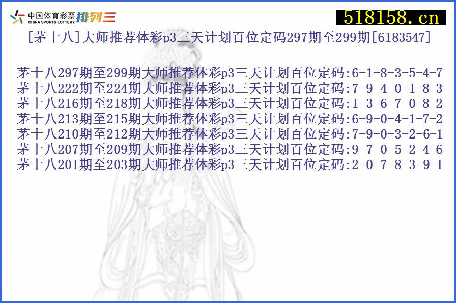 [茅十八]大师推荐体彩p3三天计划百位定码297期至299期[6183547]