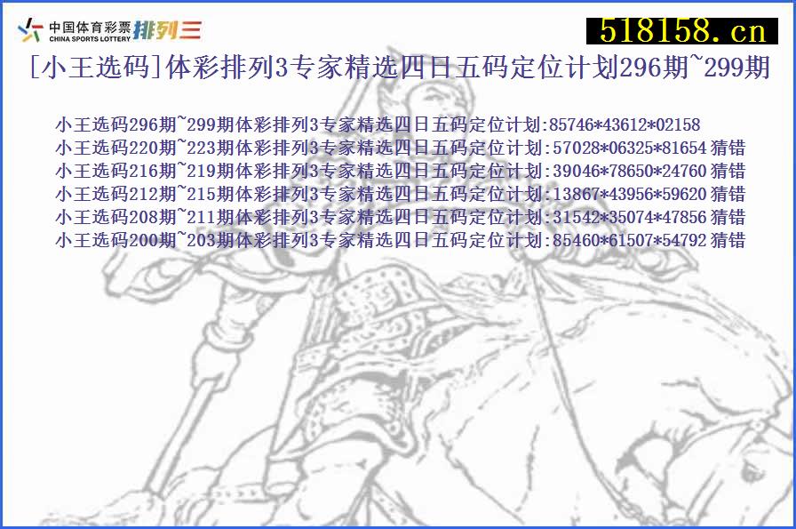 [小王选码]体彩排列3专家精选四日五码定位计划296期~299期