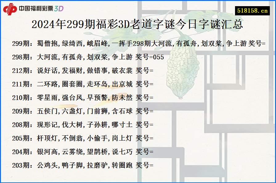 2024年299期福彩3D老道字谜今日字谜汇总