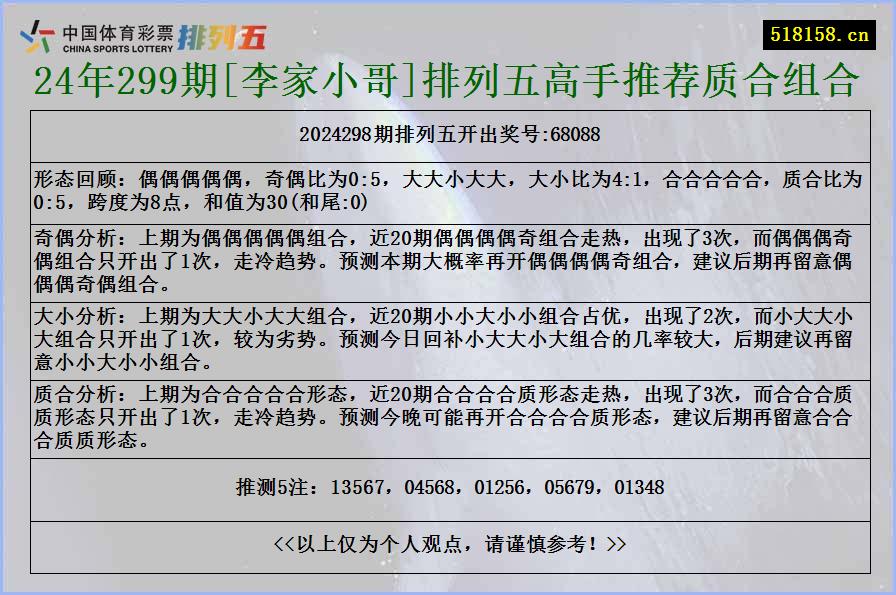 24年299期[李家小哥]排列五高手推荐质合组合