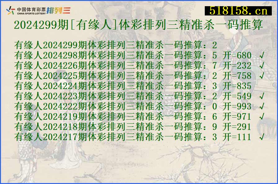 2024299期[有缘人]体彩排列三精准杀一码推算