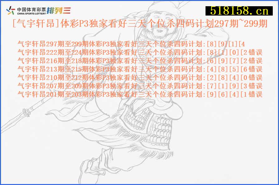 [气宇轩昂]体彩P3独家看好三天个位杀四码计划297期~299期