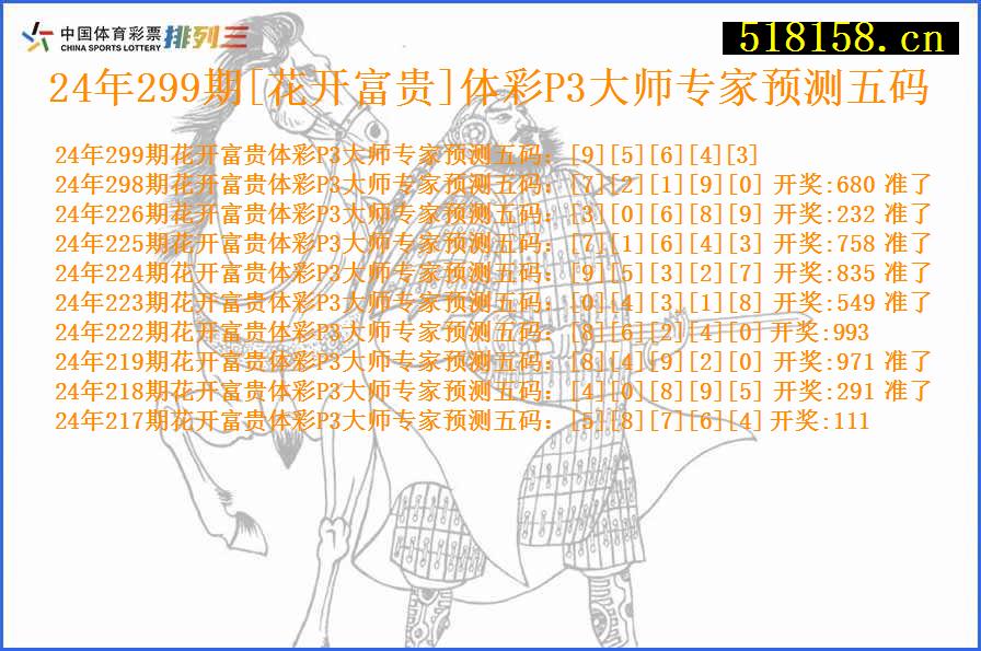 24年299期[花开富贵]体彩P3大师专家预测五码