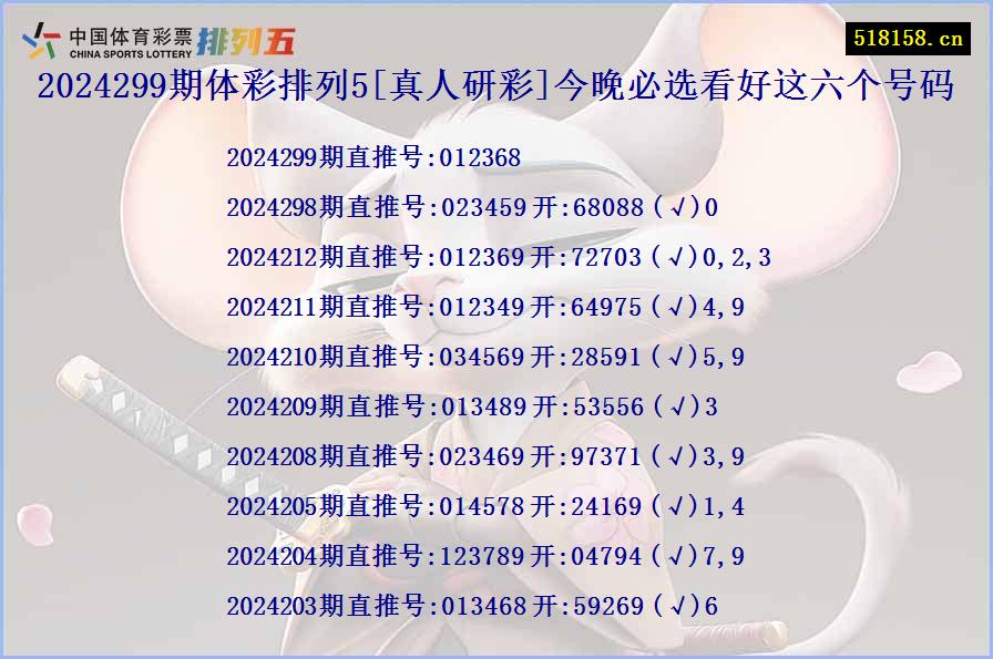 2024299期体彩排列5[真人研彩]今晚必选看好这六个号码