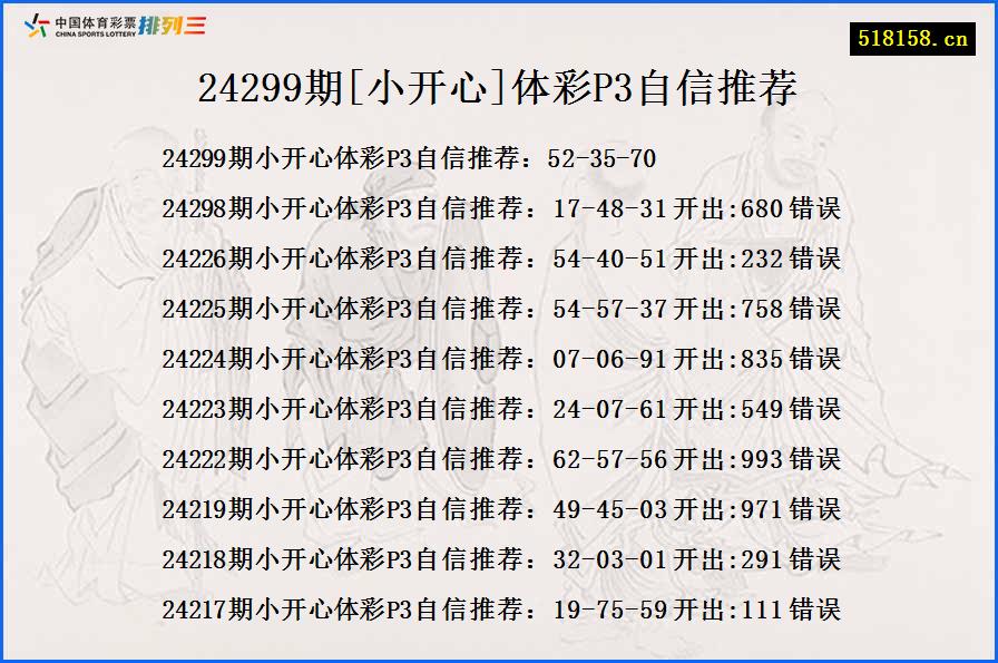 24299期[小开心]体彩P3自信推荐