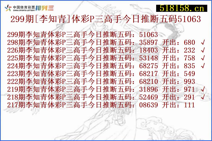 299期[李知青]体彩P三高手今日推断五码51063